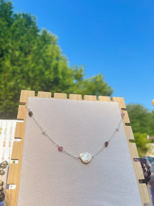 Watermelon Tourmaline & Freshwater Pearl & Mother of Pearl mermaid necklace