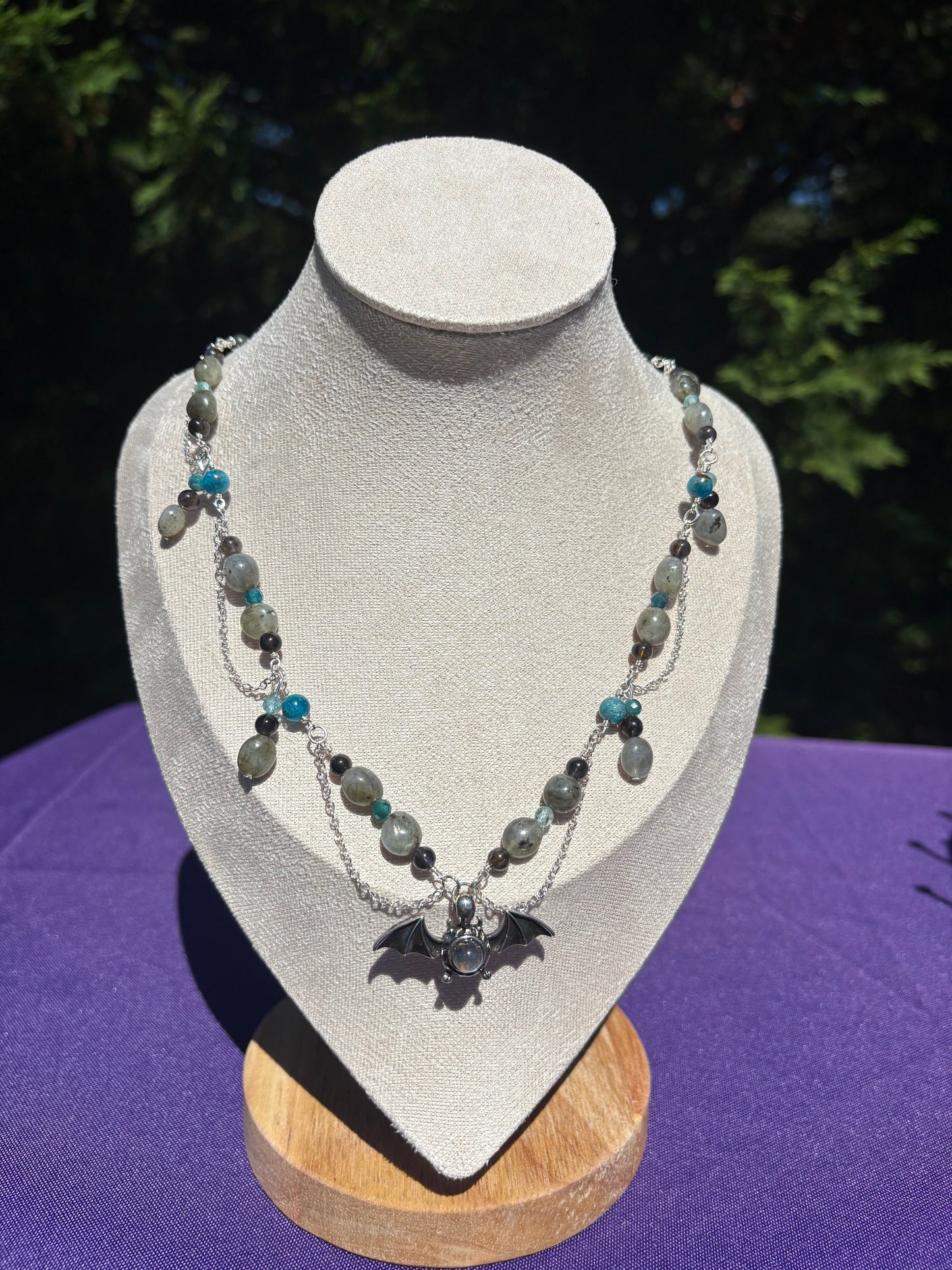Blue Apatite, Iolite, Labradorite Bat Spooky Necklace