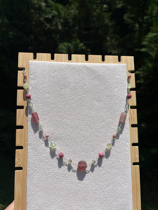 Strawberry Quartz, Prehnite, & Rhodonite Rose necklace