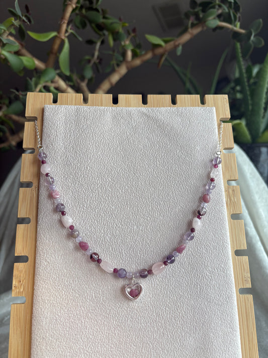 Pink Tourmaline, Super 7, Rose Quartz, & Amethyst Cupid’s necklace