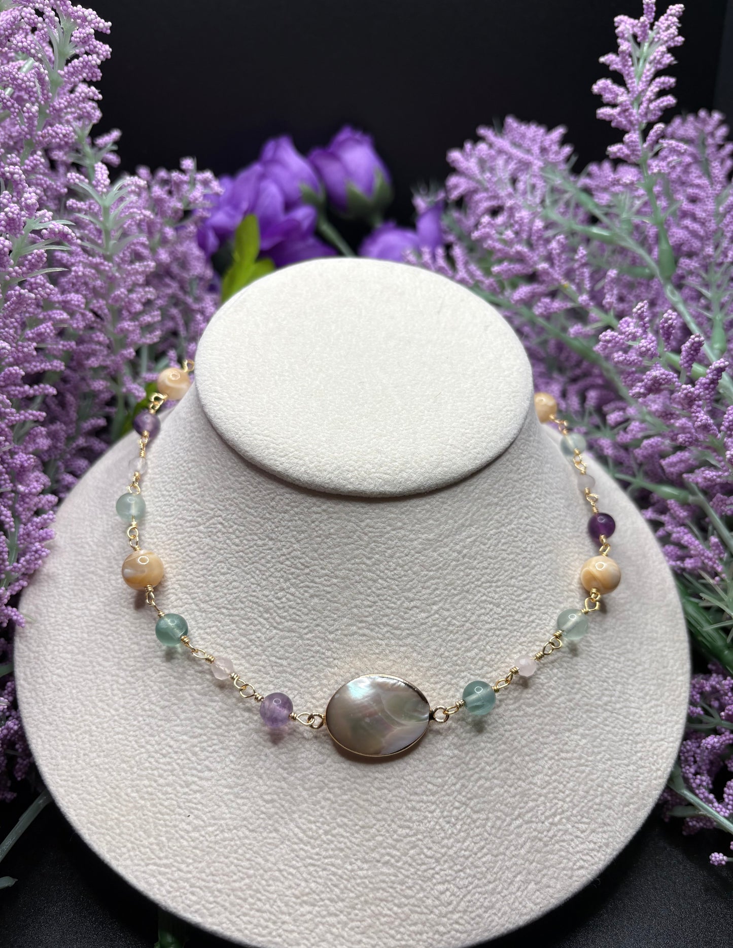 Fluorite, Rose Quartz, and Mother of Pearl necklaces
