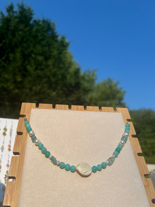 Peruvian Amazonite & Green Apatite & Freshwater Pearl & Mother of Pearl mermaid necklace