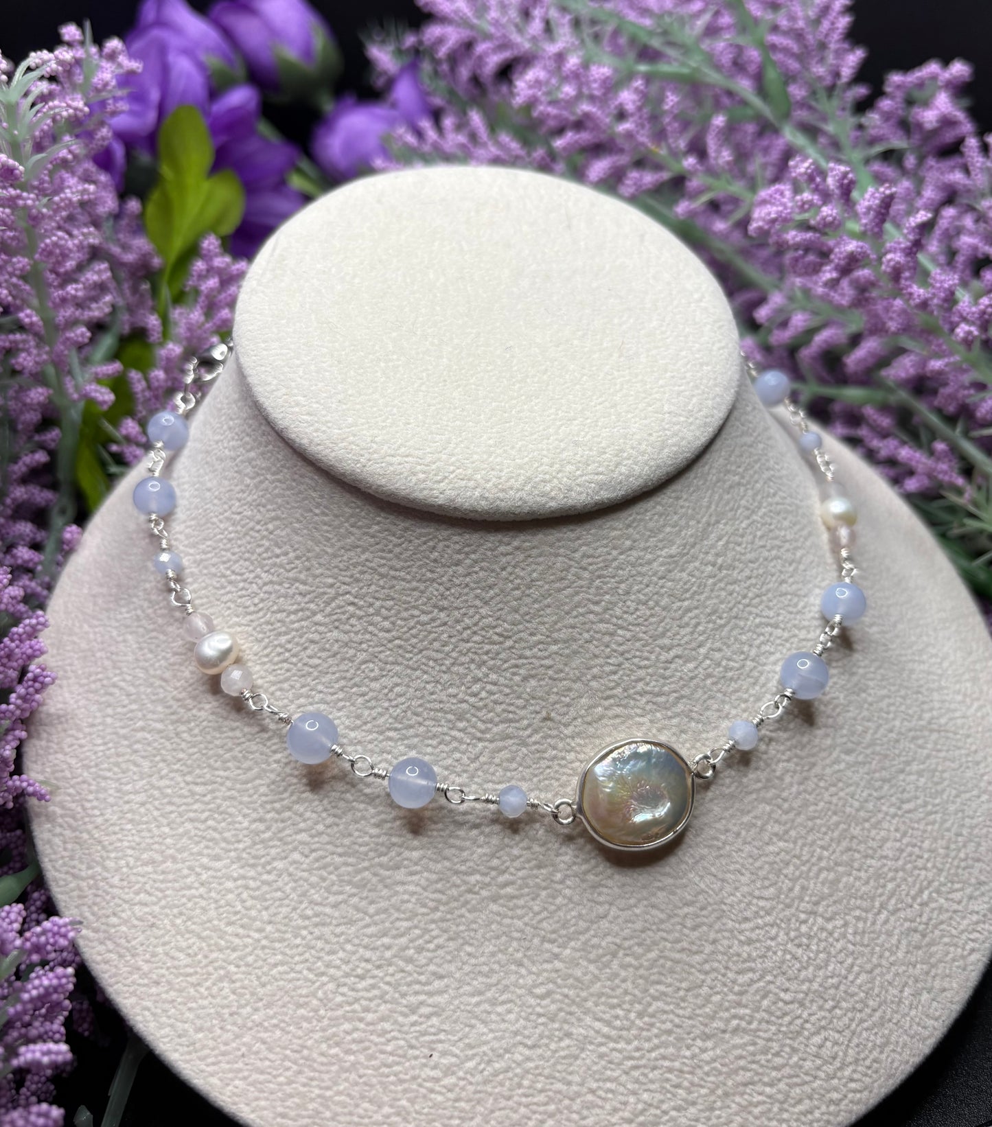 Blue Lace Agate, Rose Quartz, and Freshwater Pearl necklace