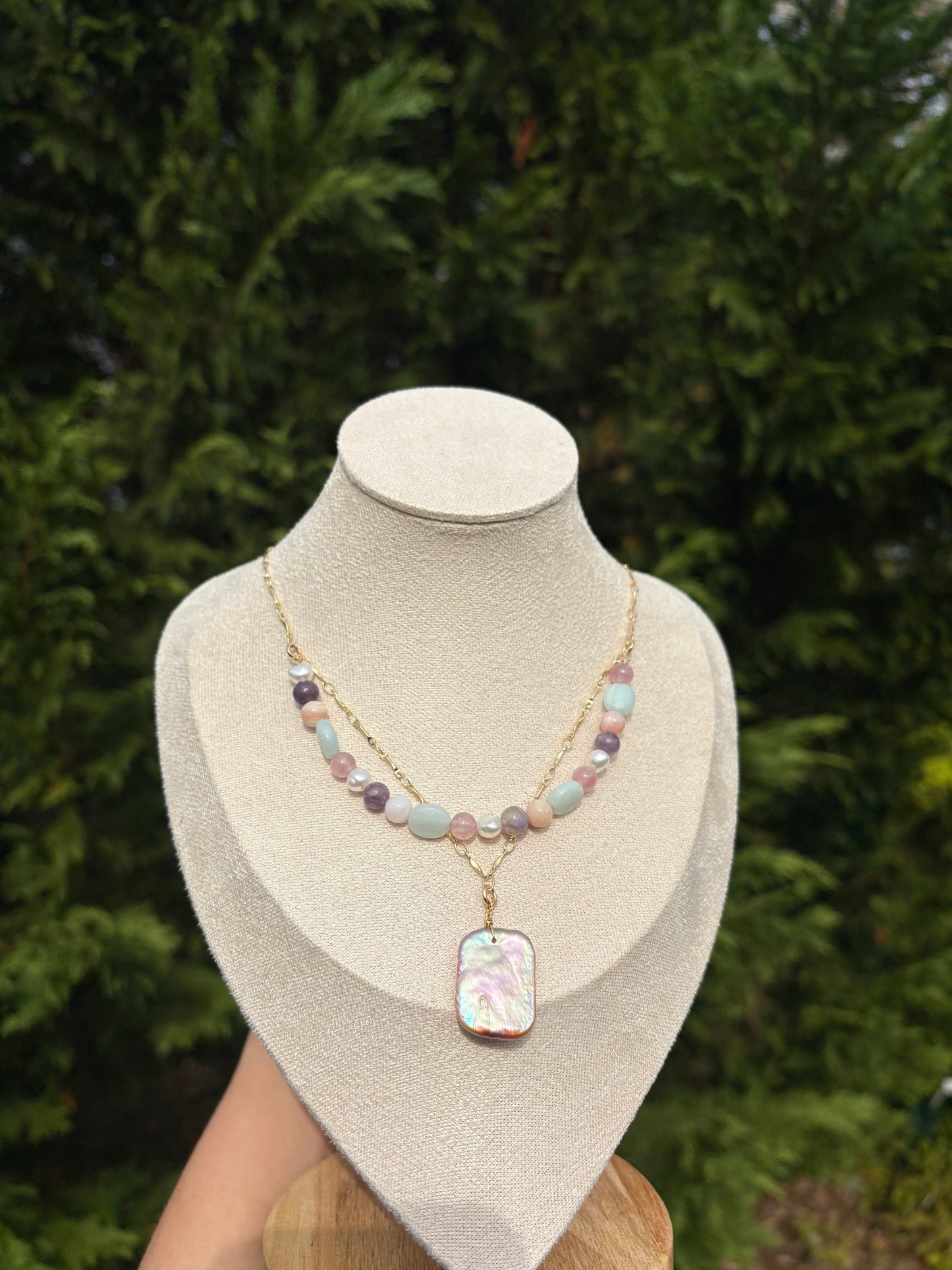 Rose Quartz, Lepidolite, Amazonite, Peruvian Pink Opal, and Natural Pink / Purple Baroque Pearl necklace