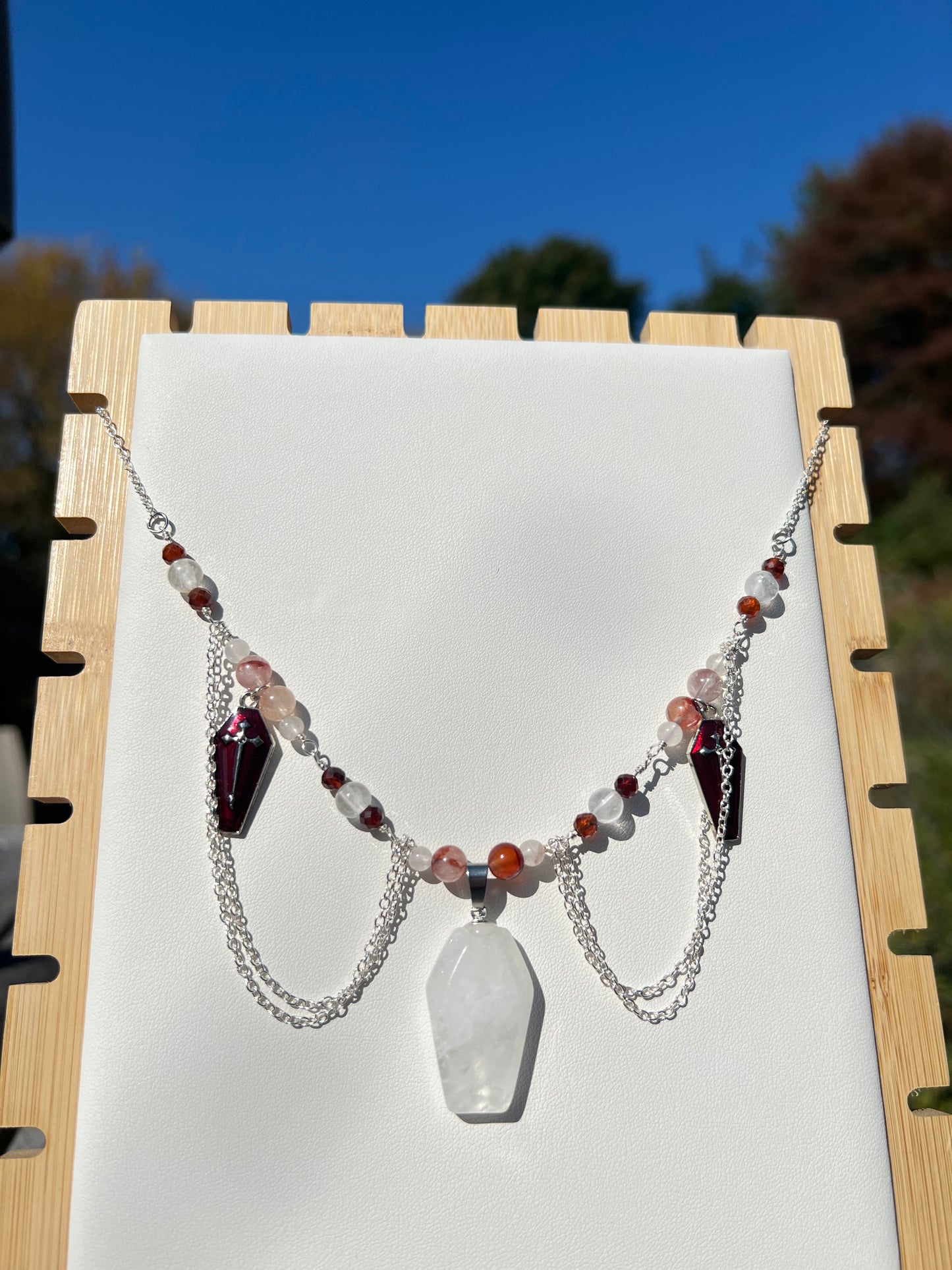 Lepidocrocite Hematoid Quartz, Clear Quartz, Garnet Spooky necklace