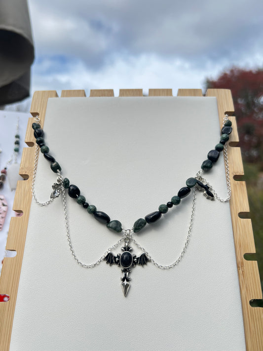 Hypersthene, Seraphinite, Kambaba Jasper, Black Onyx Spooky Necklace