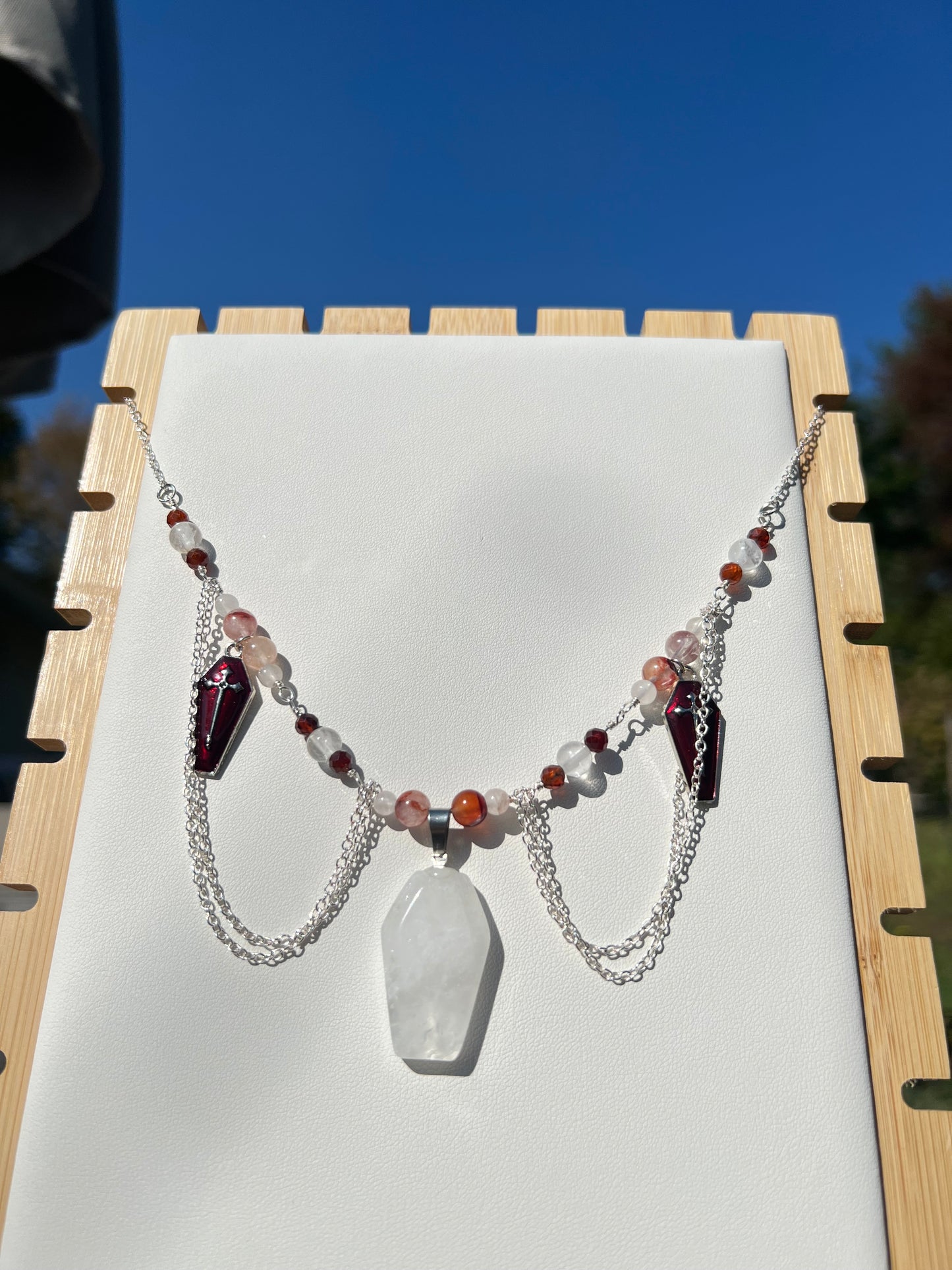 Lepidocrocite Hematoid Quartz, Clear Quartz, Garnet Spooky necklace