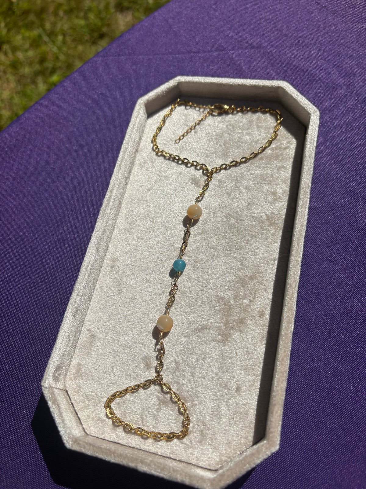 Mother of Pearl and Blue Apatite Hand Chain