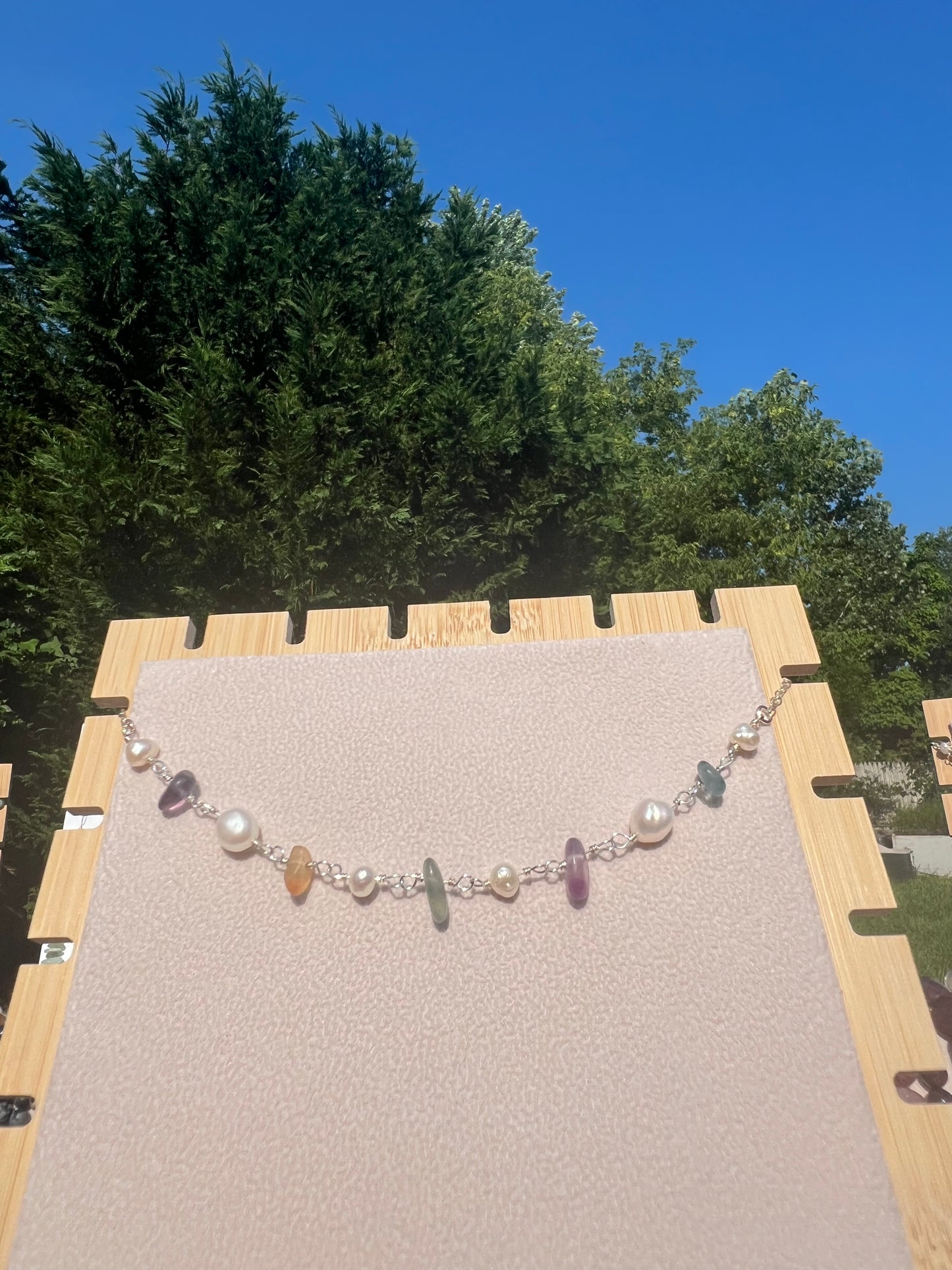 Rainbow Fluorite & Freshwater Pearl mermaid necklace