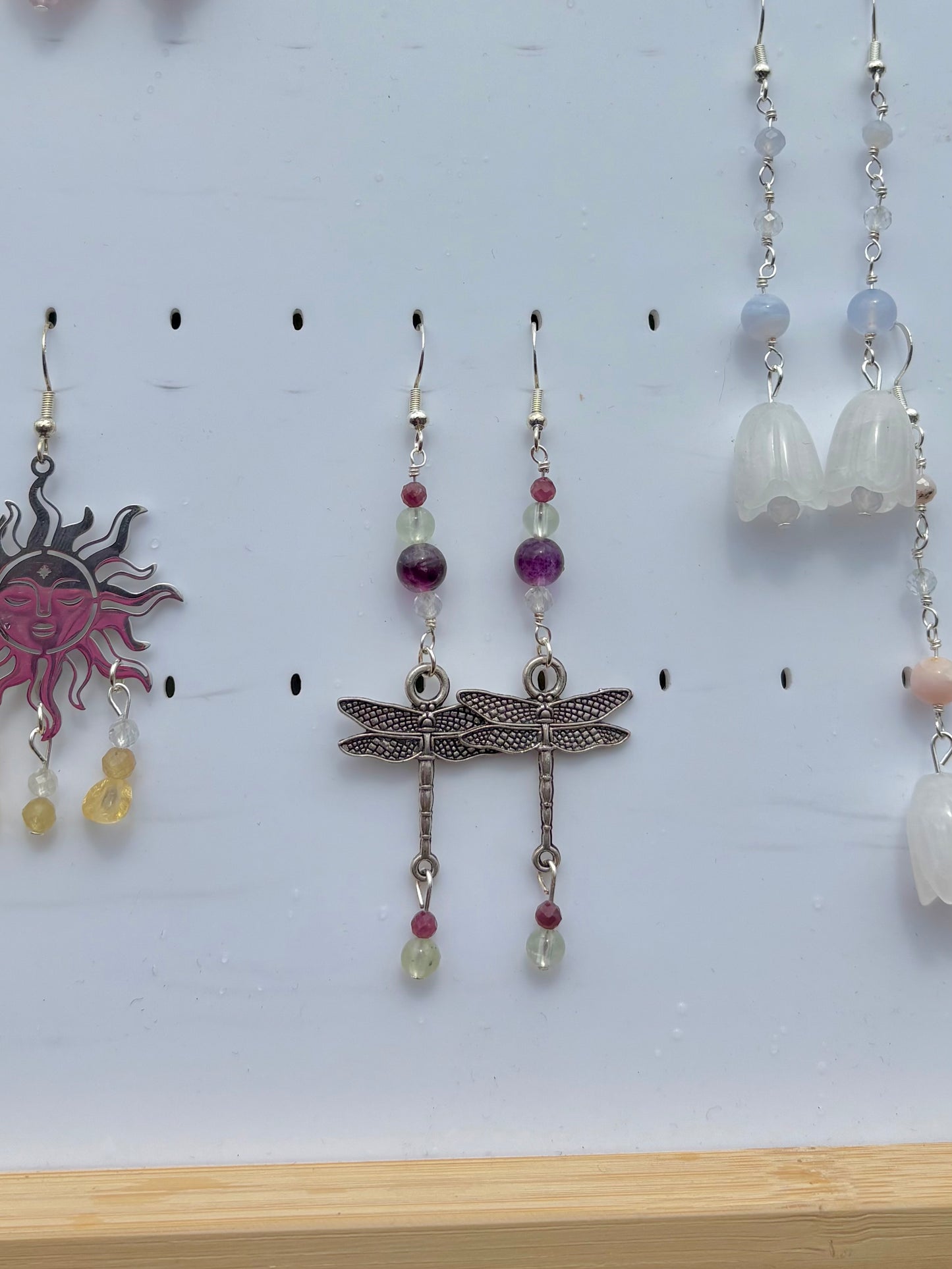 Pink Tourmaline, Prehnite, Fluorite & Topaz Dragonfly earrings