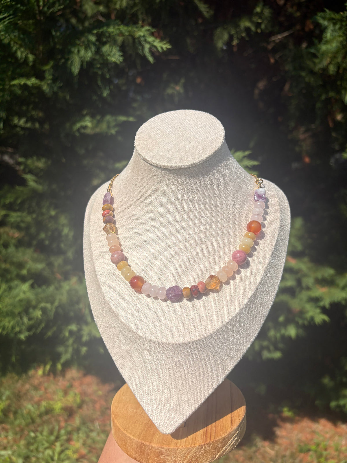 Rose Quartz, Rhodonite, Yellow Jade, Citrine, Peach Aventurine, Lepidolite, Carnelian, Mookaite necklace