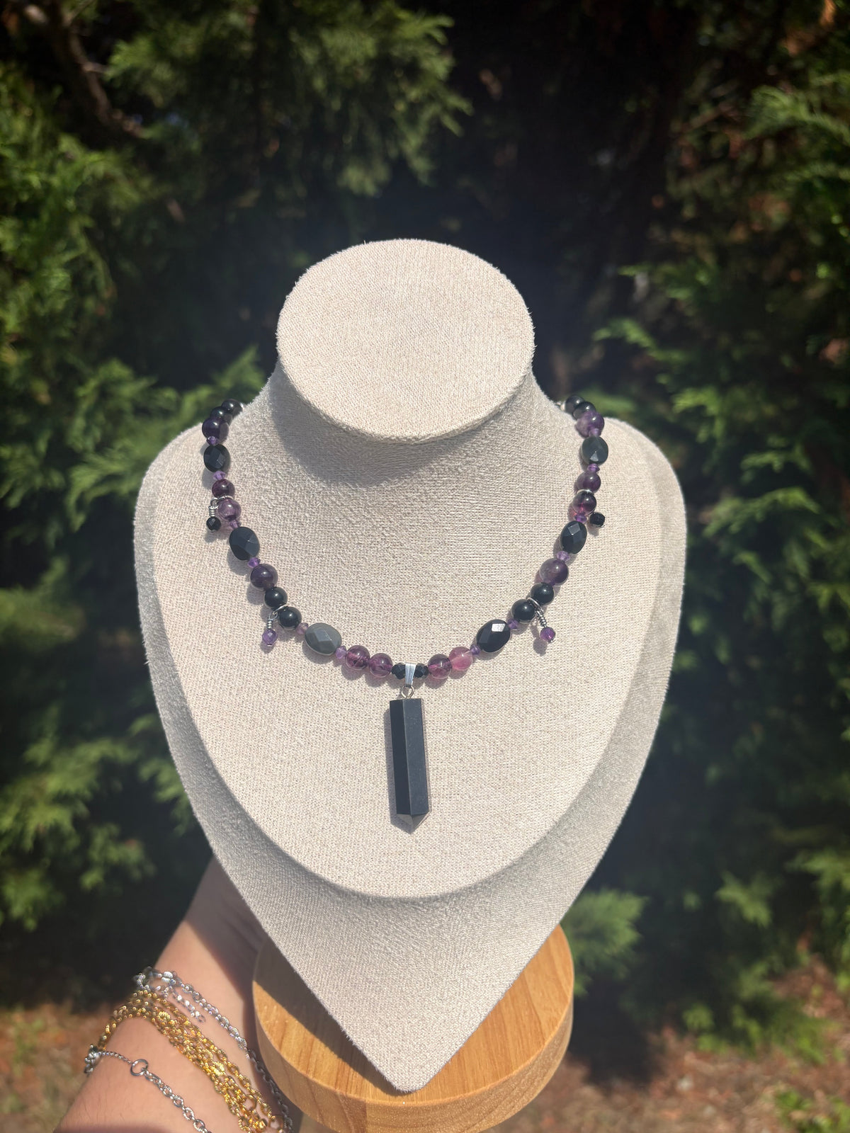 Rainbow Obsidian, Rainbow Fluorite, Amethyst, Black Spinel and Silver Sheen Obsidian necklace
