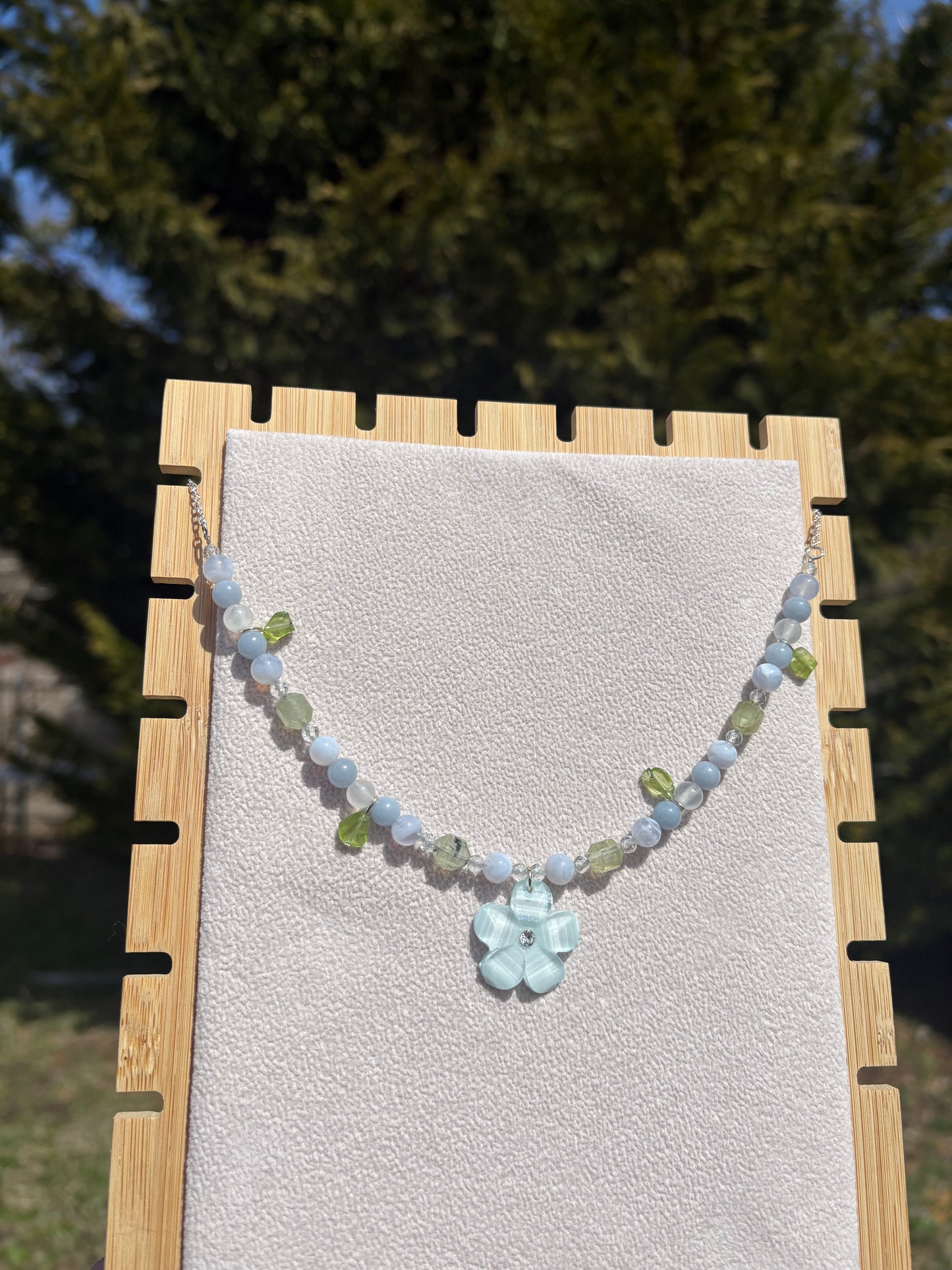 Blue Lace Agate, Angelite, Prehnite, Peridot & Topaz necklace