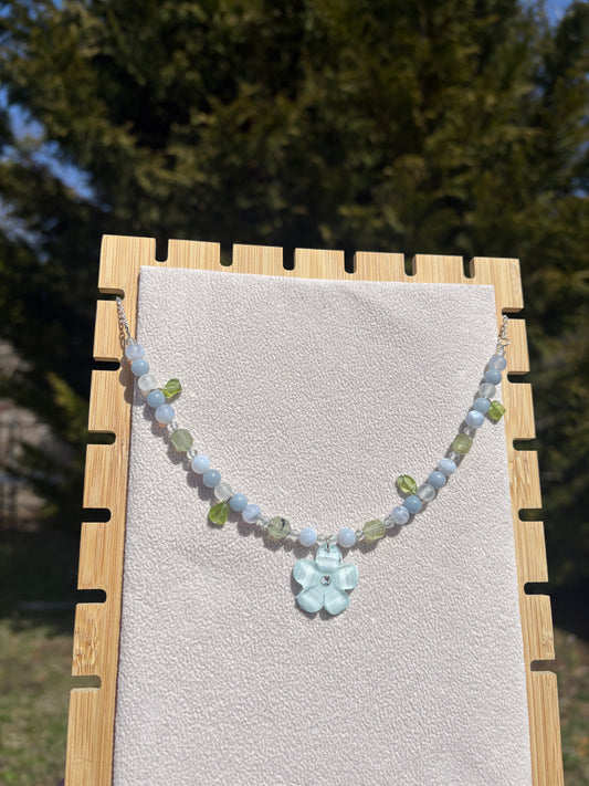 Blue Lace Agate, Angelite, Prehnite, Peridot & Topaz necklace