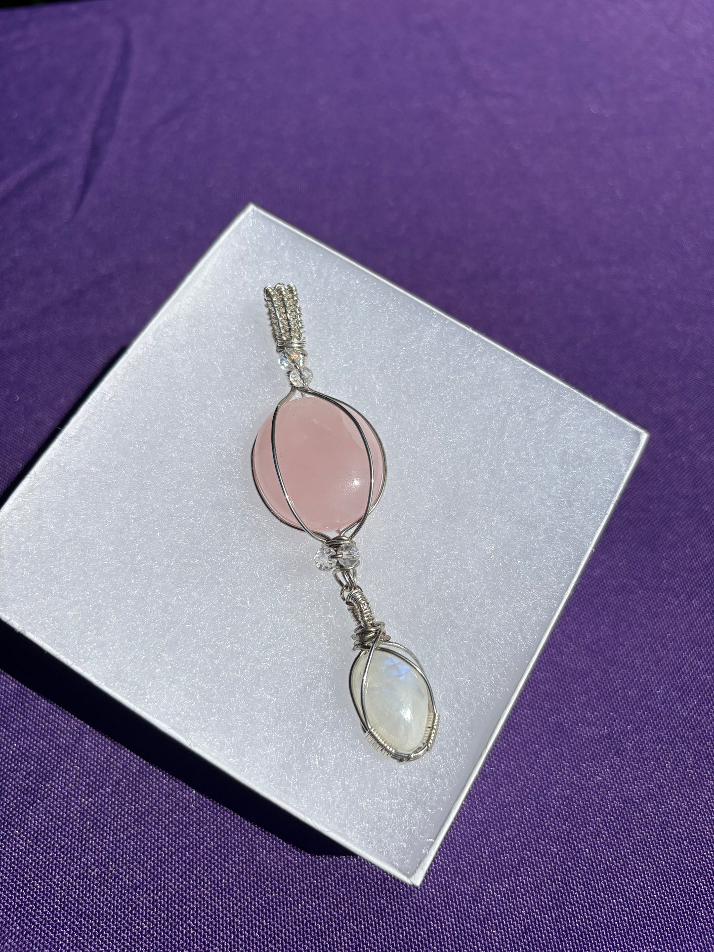 Rose Quartz, Rainbow Moonstone, Topaz Double Tiered Pendant