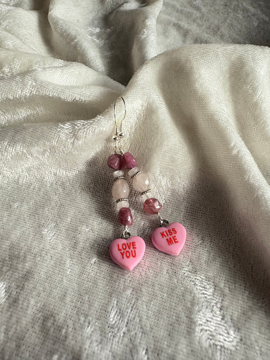 Pink Tourmaline, Rose Quartz & White Jade Convo Earrings