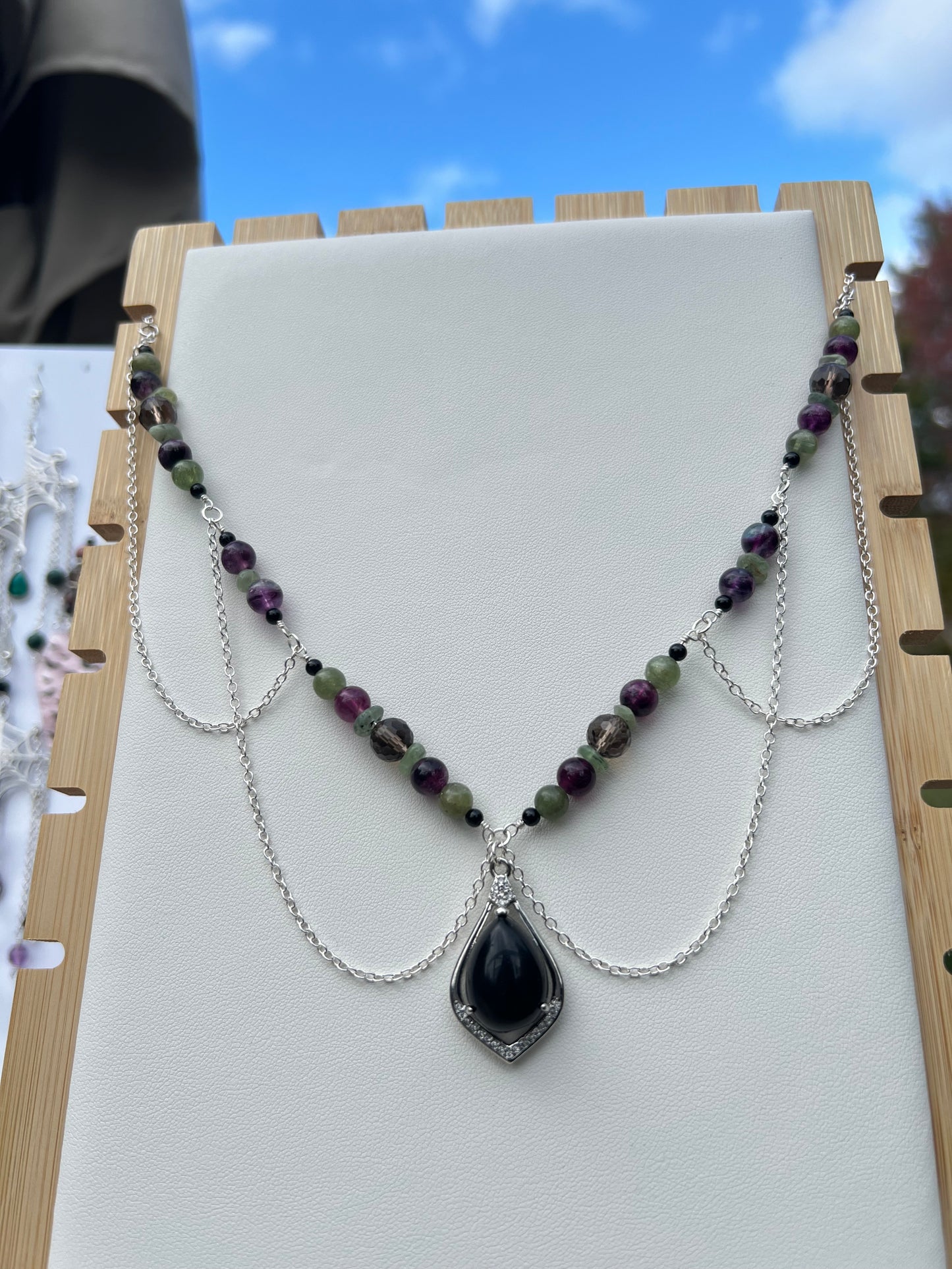 Purple Fluorite, Smoky Quartz, Green Apatite, Green Kyanite, Black Onyx Spooky Necklace
