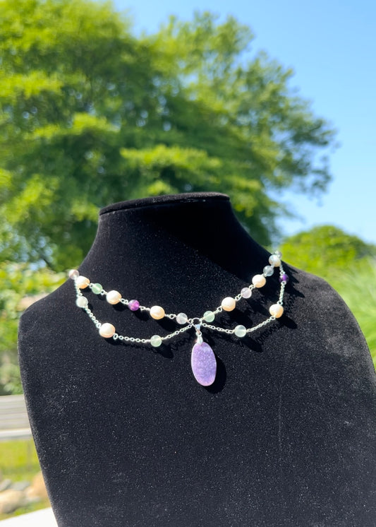 Fluorite, Freshwater Pearl & Lepidolite Goddess Choker