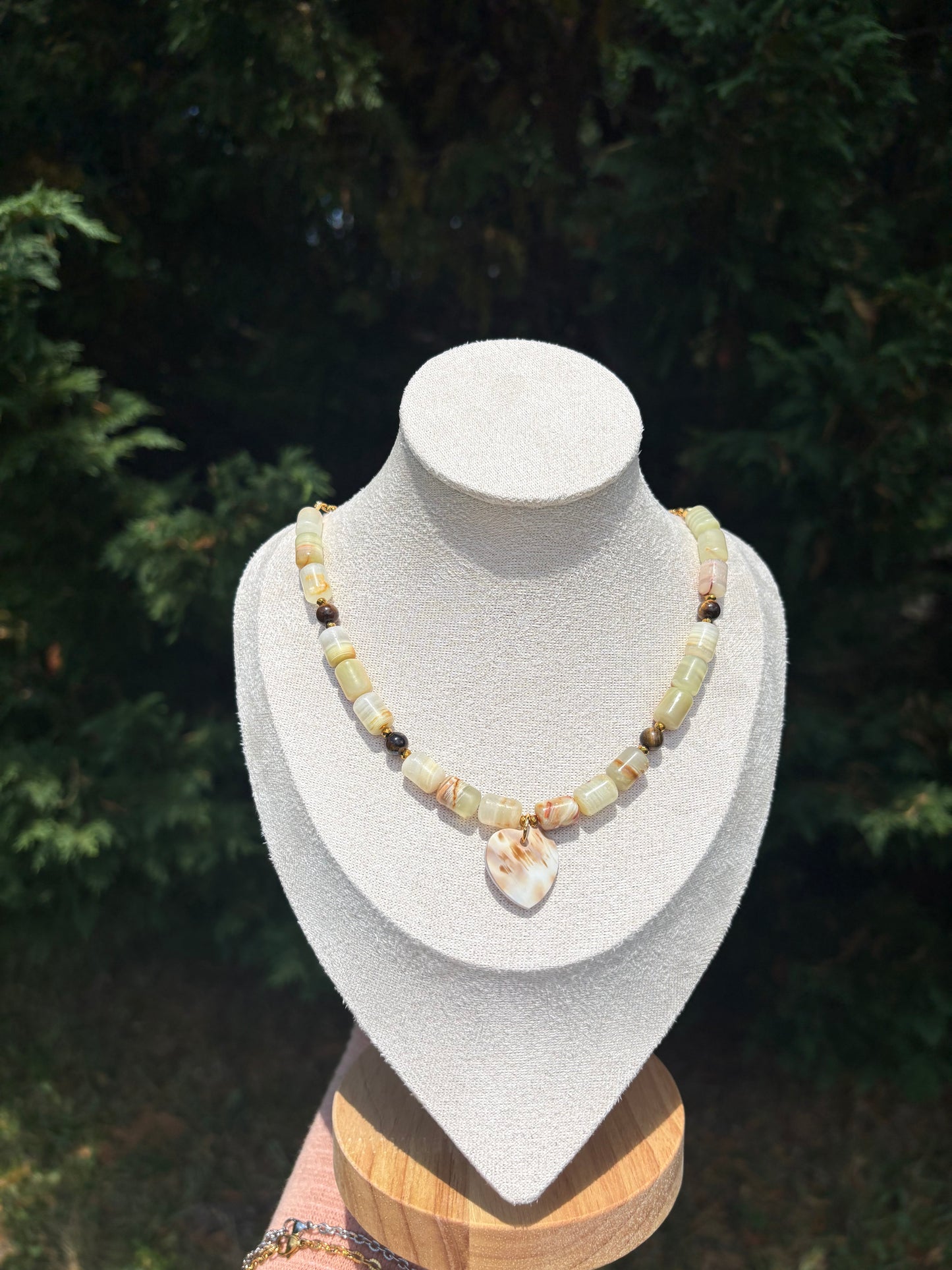 Green Onyx, Tiger Eye, Gold Hematite and Cowrie Heart necklace