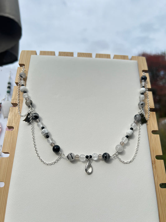 Tourmalated Quartz, White Howlite, Clear Quartz, Black Onyx, Gray Chalcedony Spooky Necklaces