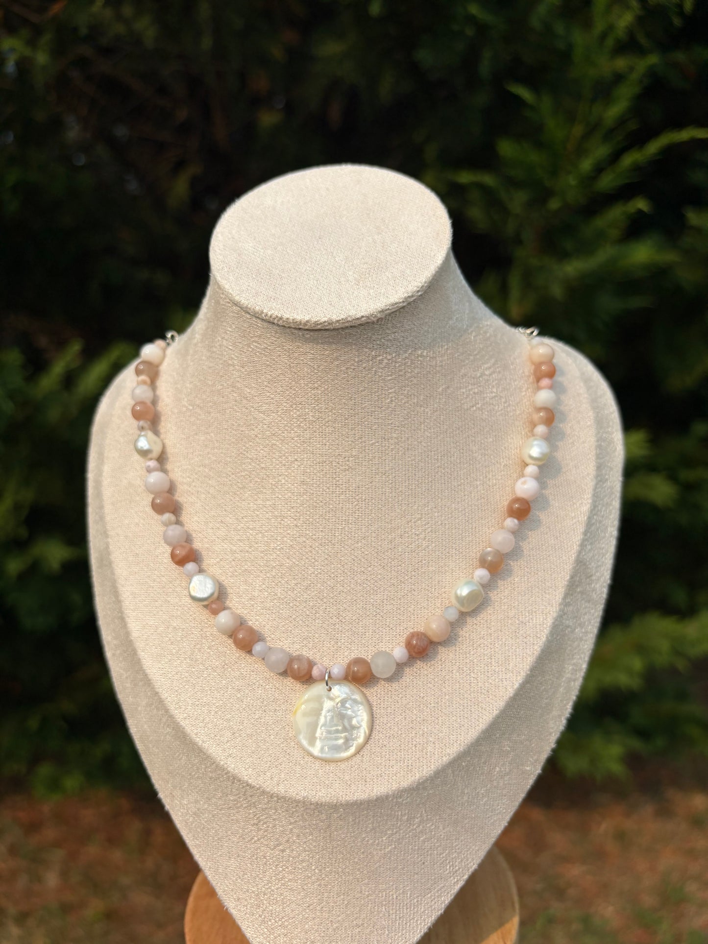 Peach Moonstone, Peruvian Pink Opal, Freshwater Pearl, Mother Of Pearl Moon Face necklace