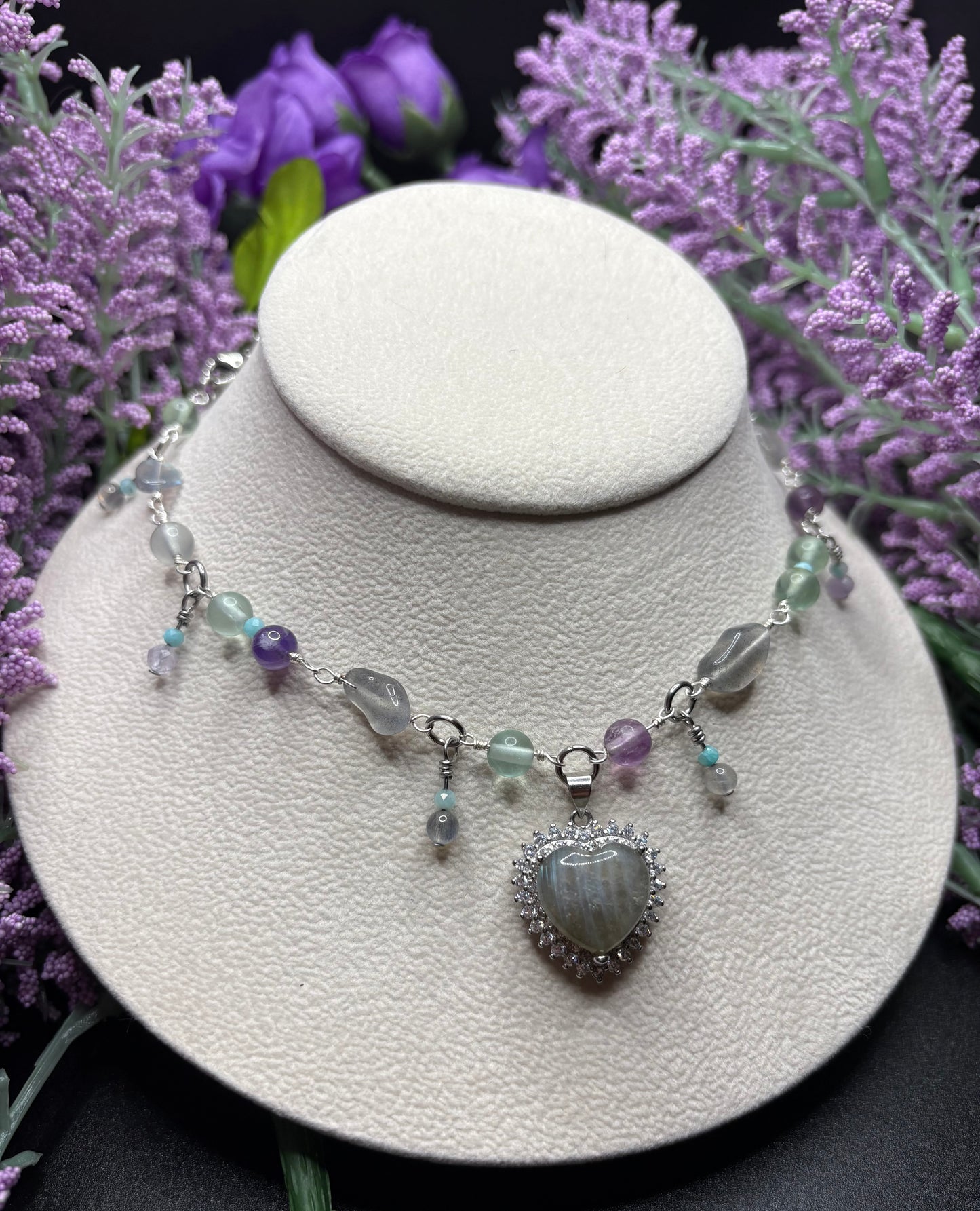 Amethyst, Labradorite, Amazonite, and Fluorite Heart necklace