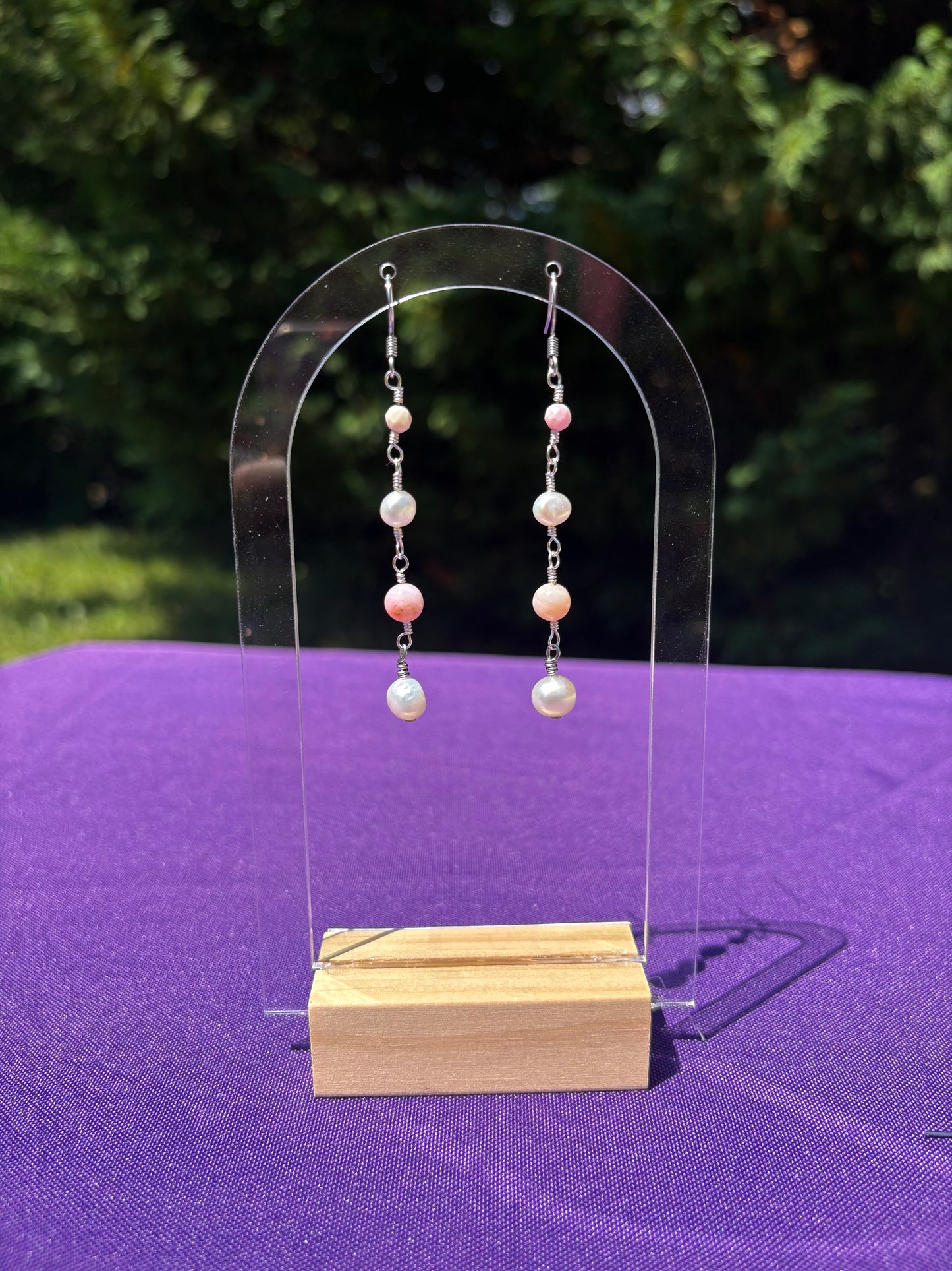Queen Conch Shell, Freshwater Pearl, and Peruvian Pink Opal earrings