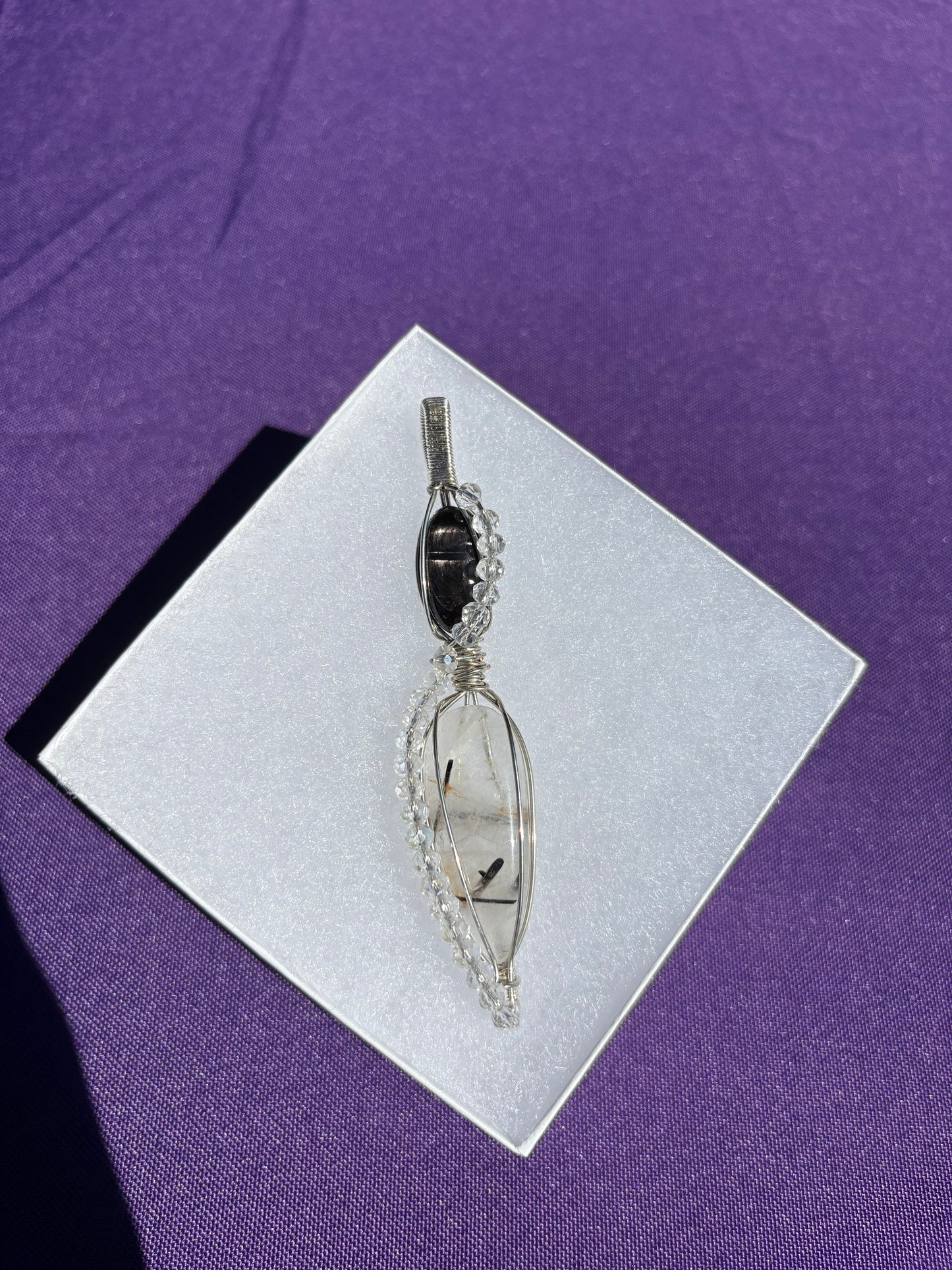 Hypersthene, Tourmalated Quartz, Topaz Double Tiered Pendant