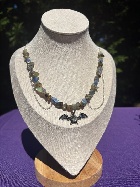 Blue Kyanite & Labradorite Bat Spooky Necklace