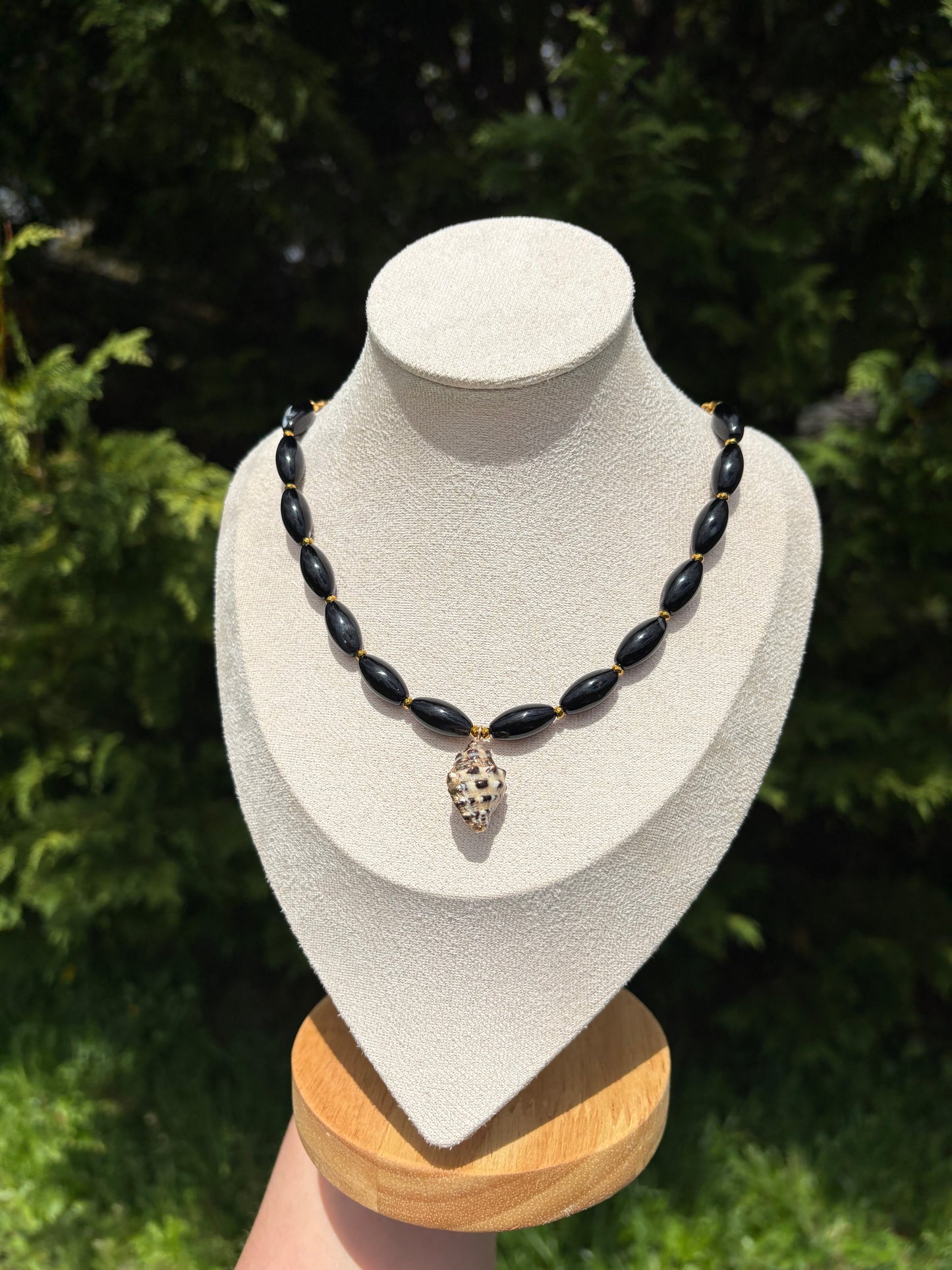Black Sardonyx, Gold Hematite, Nassa Shell Necklace