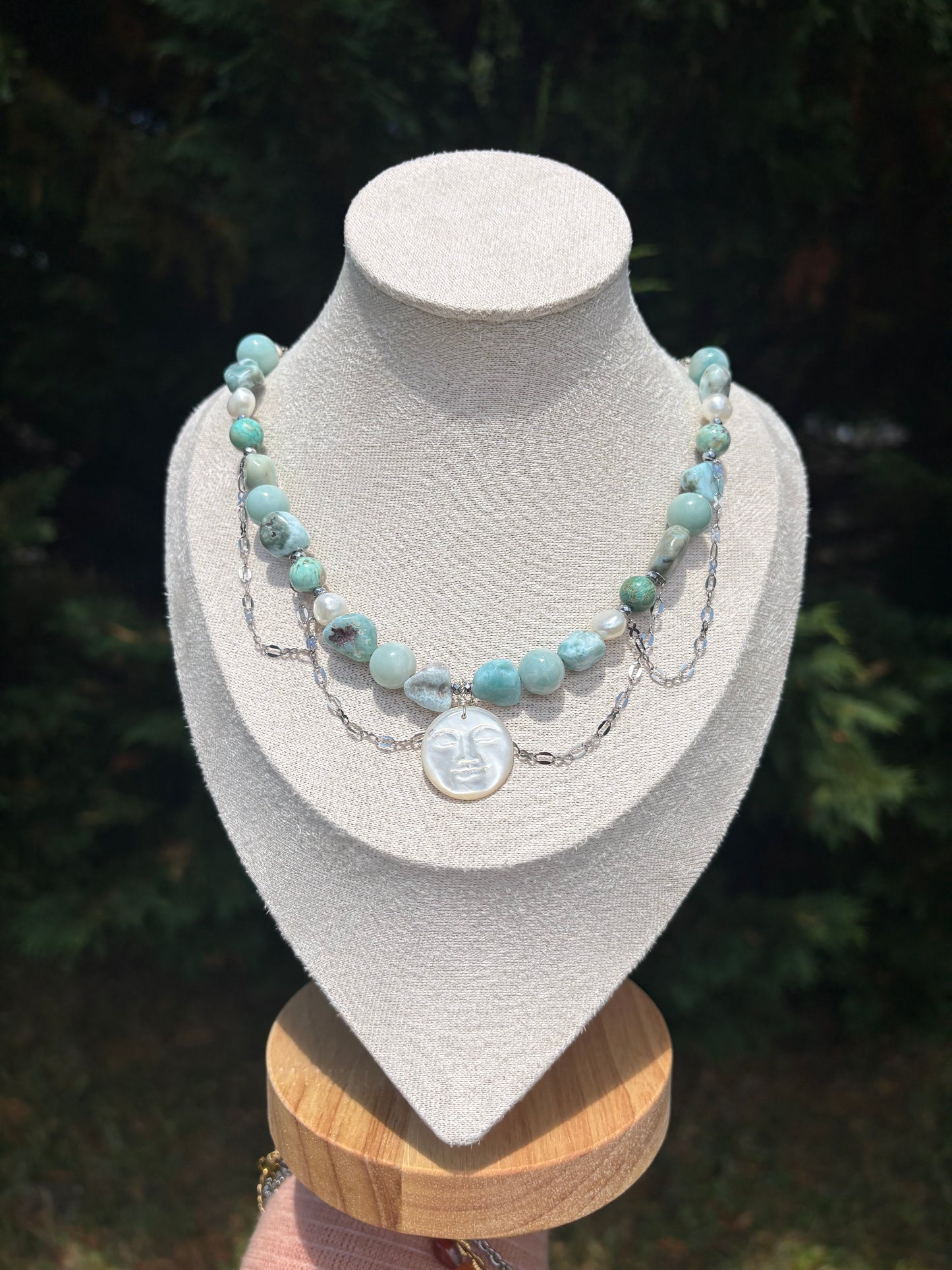 Peruvian Turquoise, Larimar, Amazonite, Freshwater Pearl, Carved Mother of Pearl Moon