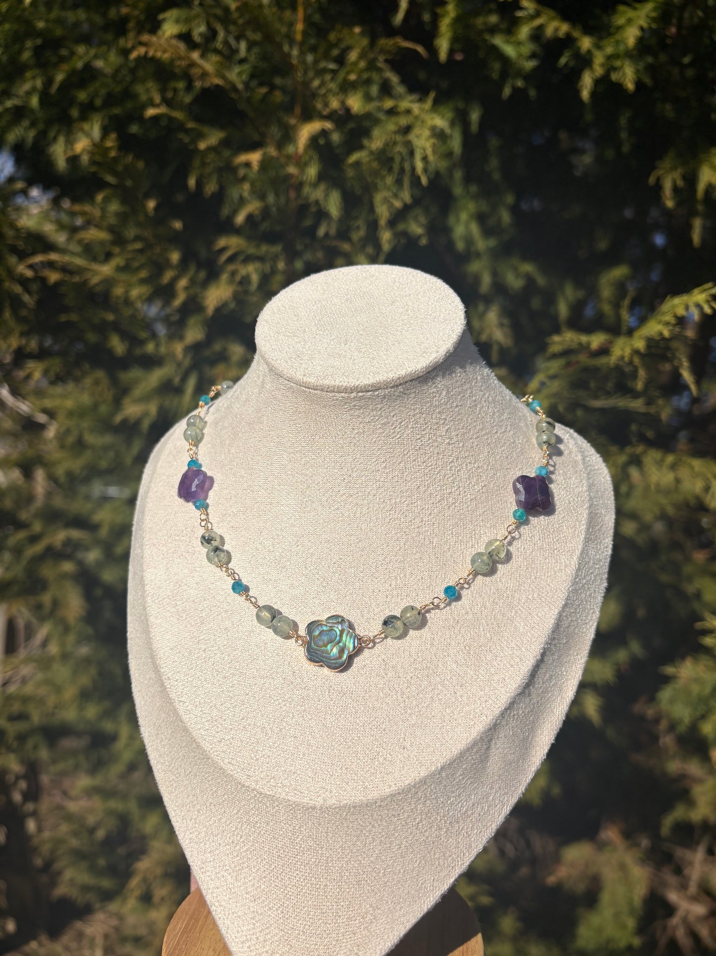 Prehnite, Amethyst, Blue Apatite, Abalone Shell Necklace
