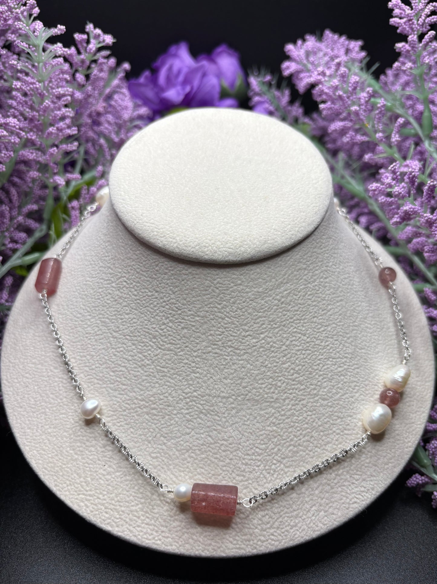 Strawberry Quartz & Freshwater Pearl asymmetrical necklace