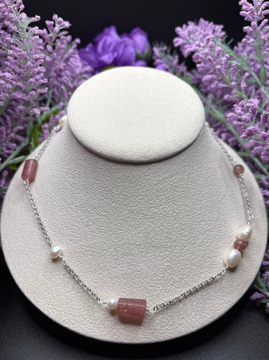 Strawberry Quartz & Freshwater Pearl asymmetrical necklace