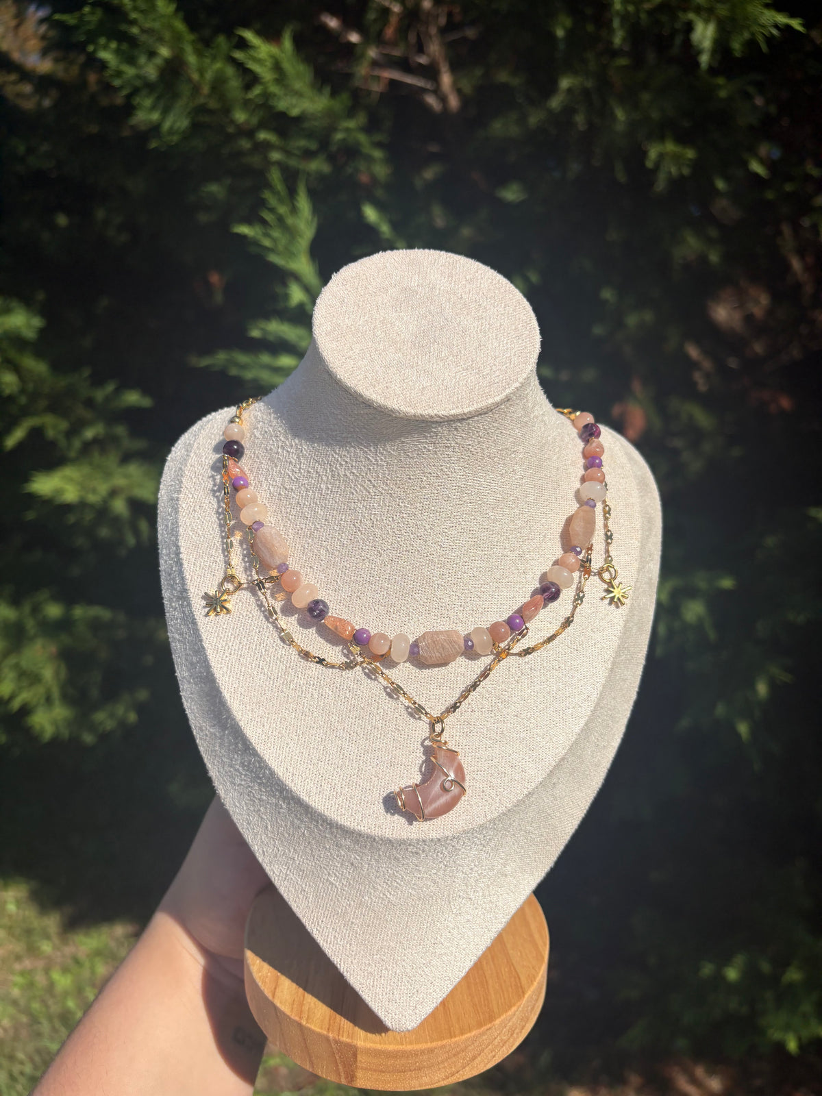 Sunstone, Peach Moonstone, Peach Aventurine, Lepidolite, Phosphosiderite, Purple Fluroite necklace