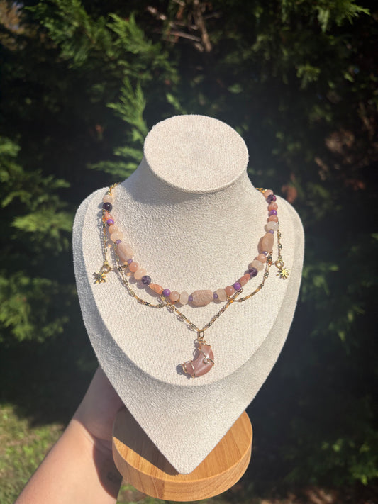 Sunstone, Peach Moonstone, Peach Aventurine, Lepidolite, Phosphosiderite, Purple Fluroite necklace