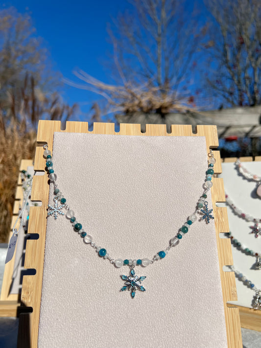 Blue Apatite & Clear Quartz & White Jade festive necklace