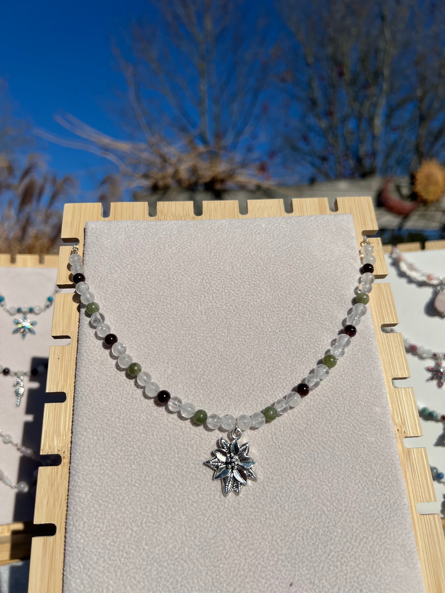 Garnet & Green Apatite & Clear Quartz Poinsettia festive necklace