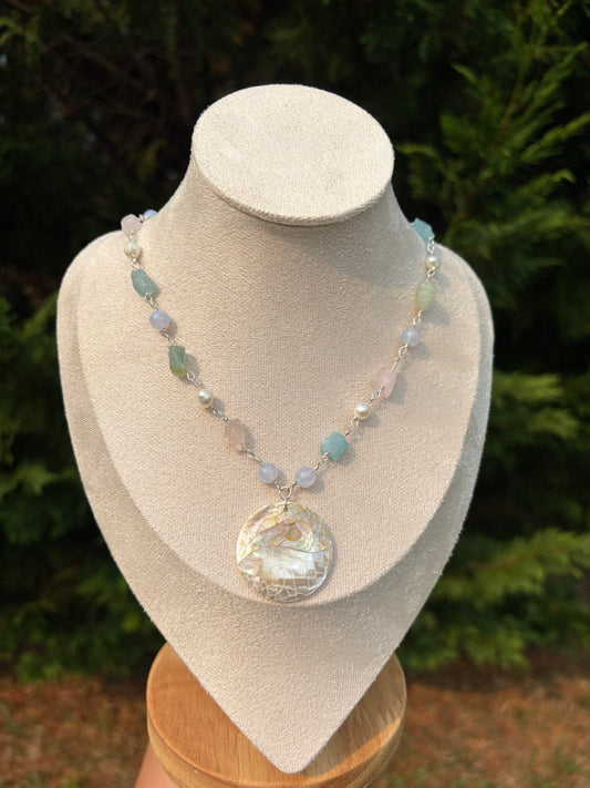 Rainbow Beryl, Freshwater Pearl, Blue Lace Agate, Mother of Pearl Mosaic necklace