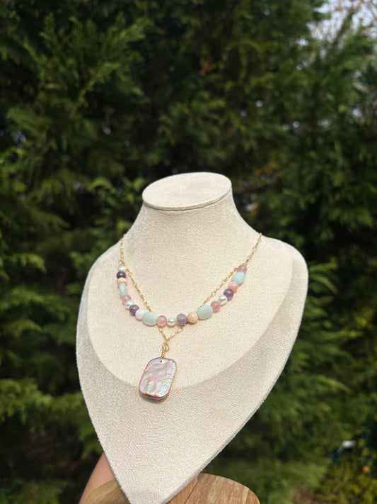 Rose Quartz, Lepidolite, Amazonite, Peruvian Pink Opal, and Natural Pink / Purple Baroque Pearl necklace