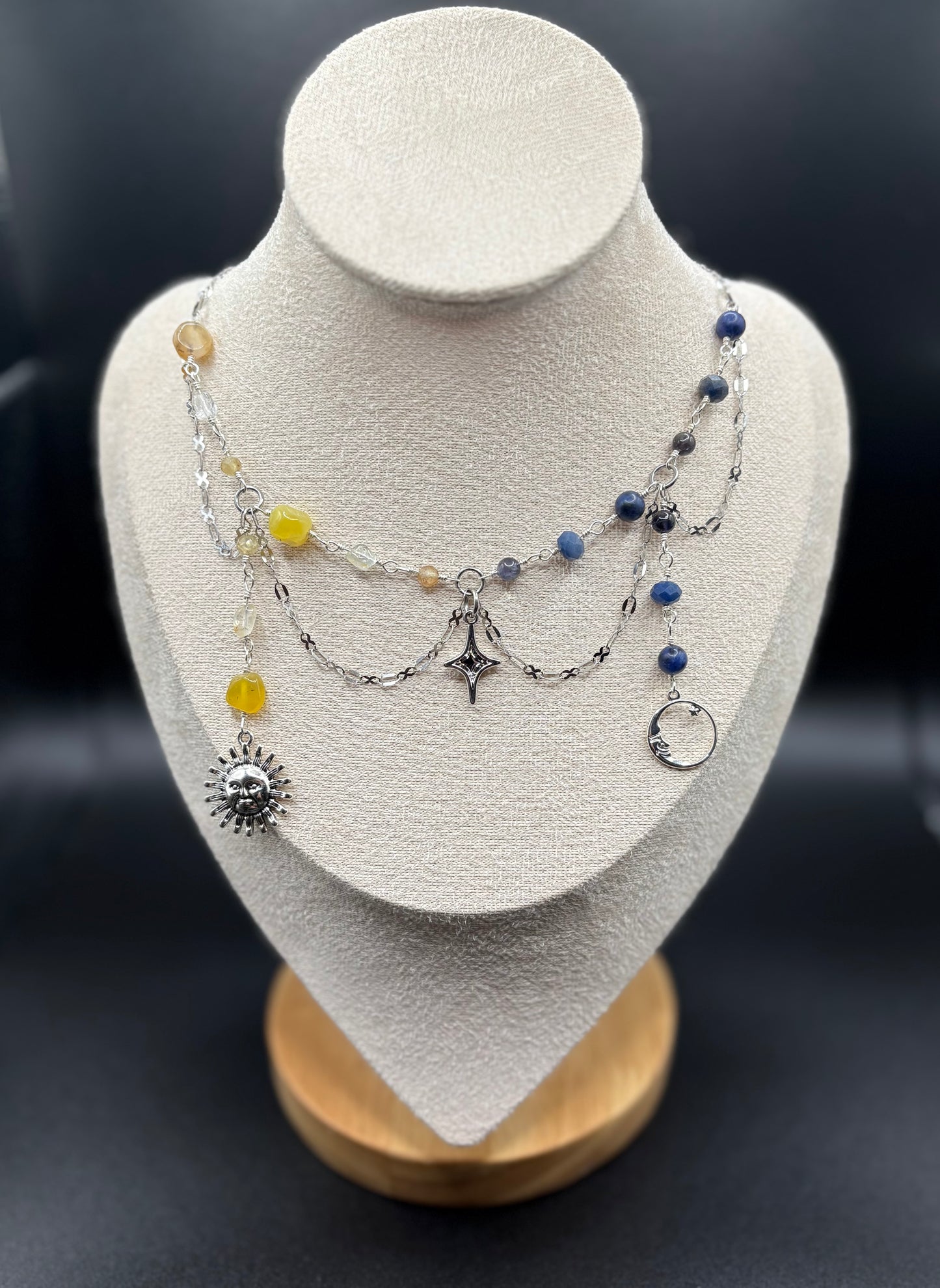 Yellow Opal, Topaz, Yellow Apatite, Iolite, Blue Aventurine, and Sodalite Sun & Moon necklace