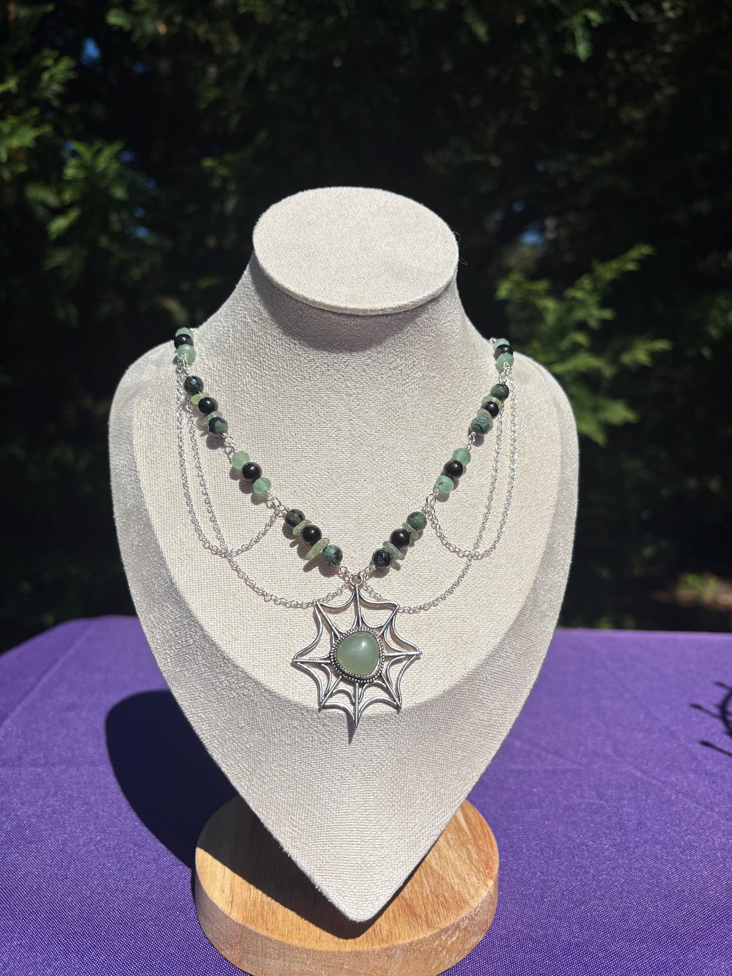 Kambaba Jasper, Green Kyanite, Jet, Green Aventurine Web Spooky Necklace
