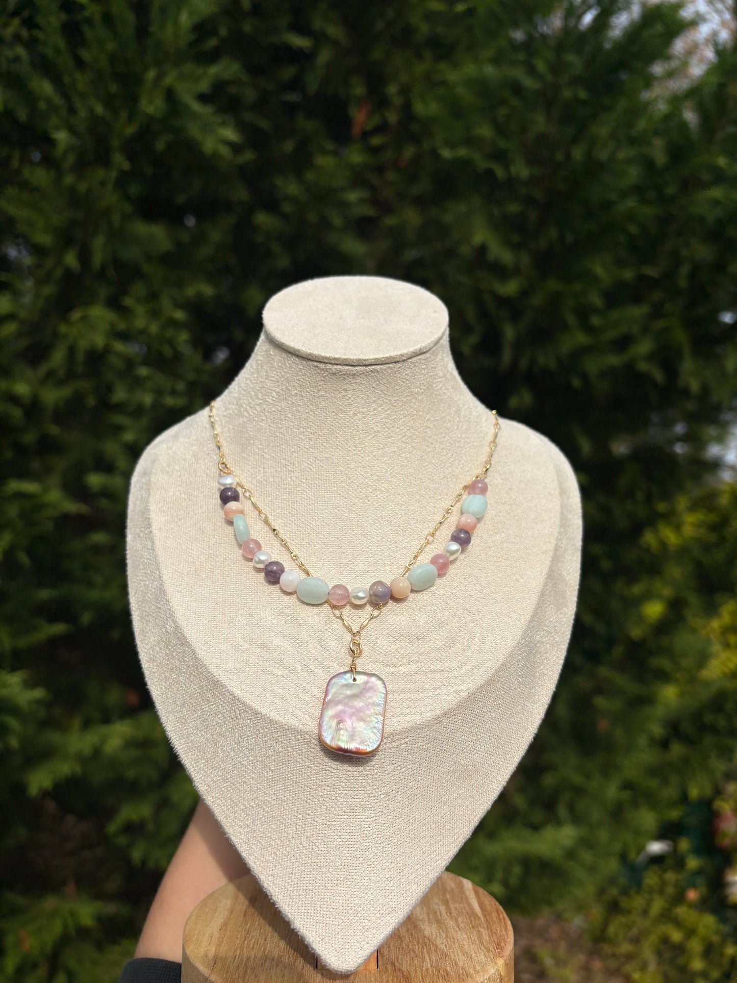 Rose Quartz, Lepidolite, Amazonite, Peruvian Pink Opal, and Natural Pink / Purple Baroque Pearl necklace