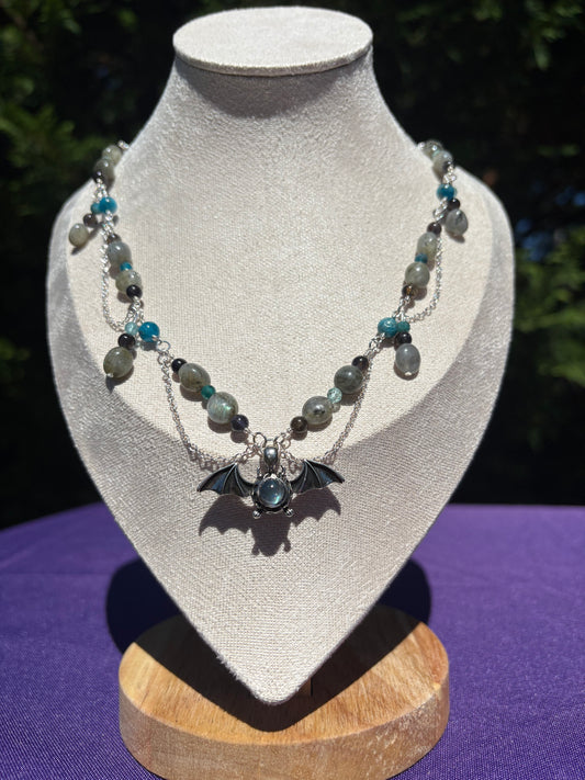 Blue Apatite, Iolite, Labradorite Bat Spooky Necklace