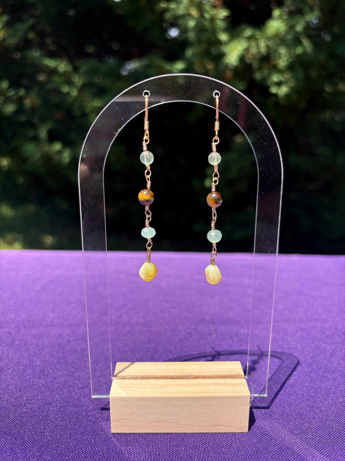 Prehnite, Tiger Eye, Green Aventurine, and Yellow Opal earrings