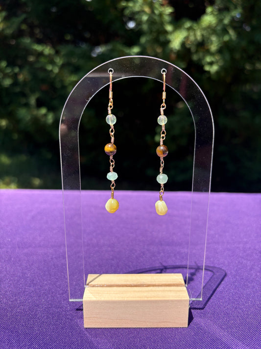 Prehnite, Tiger Eye, Green Aventurine, and Yellow Opal earrings