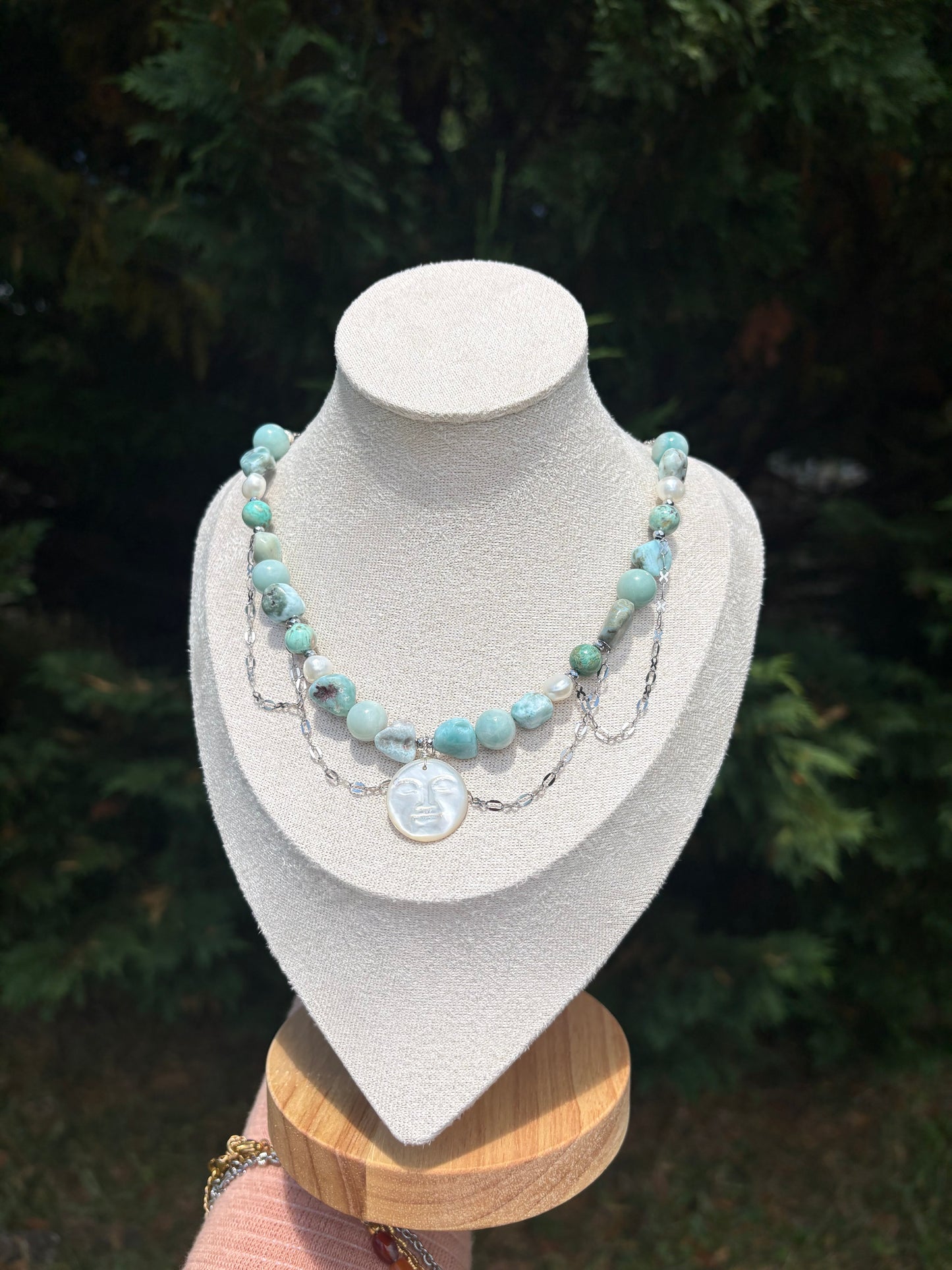 Peruvian Turquoise, Larimar, Amazonite, Freshwater Pearl, Carved Mother of Pearl Moon