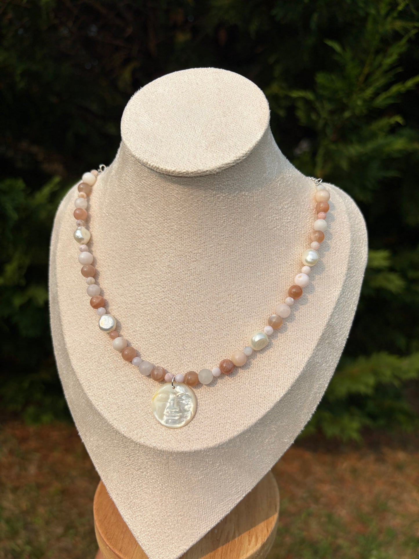 Peach Moonstone, Peruvian Pink Opal, Freshwater Pearl, Mother Of Pearl Moon Face necklace