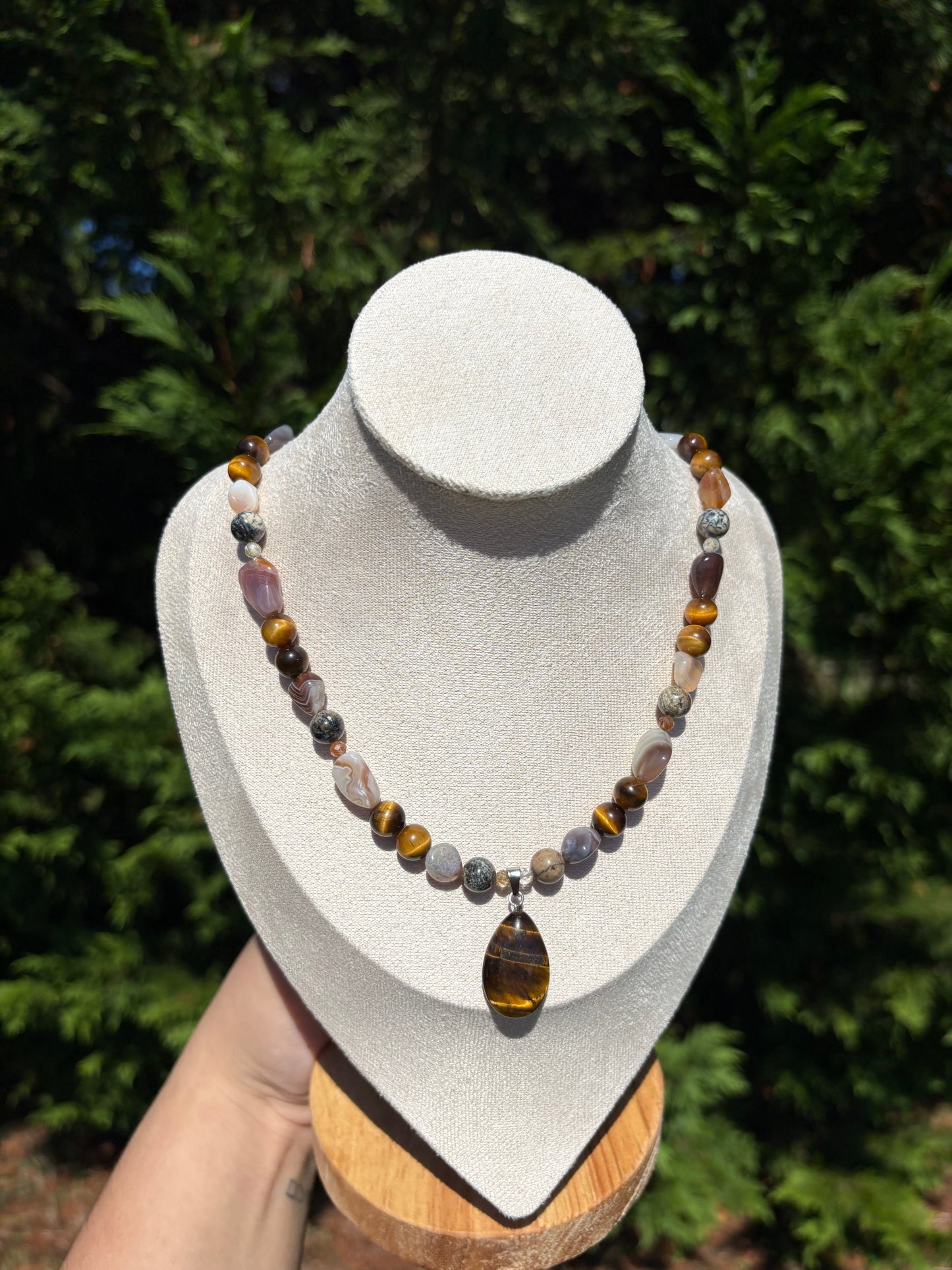 Tiger’s Eye, Dendritic Opal, Golden Rutiled Quartz, Botswana Agate necklace