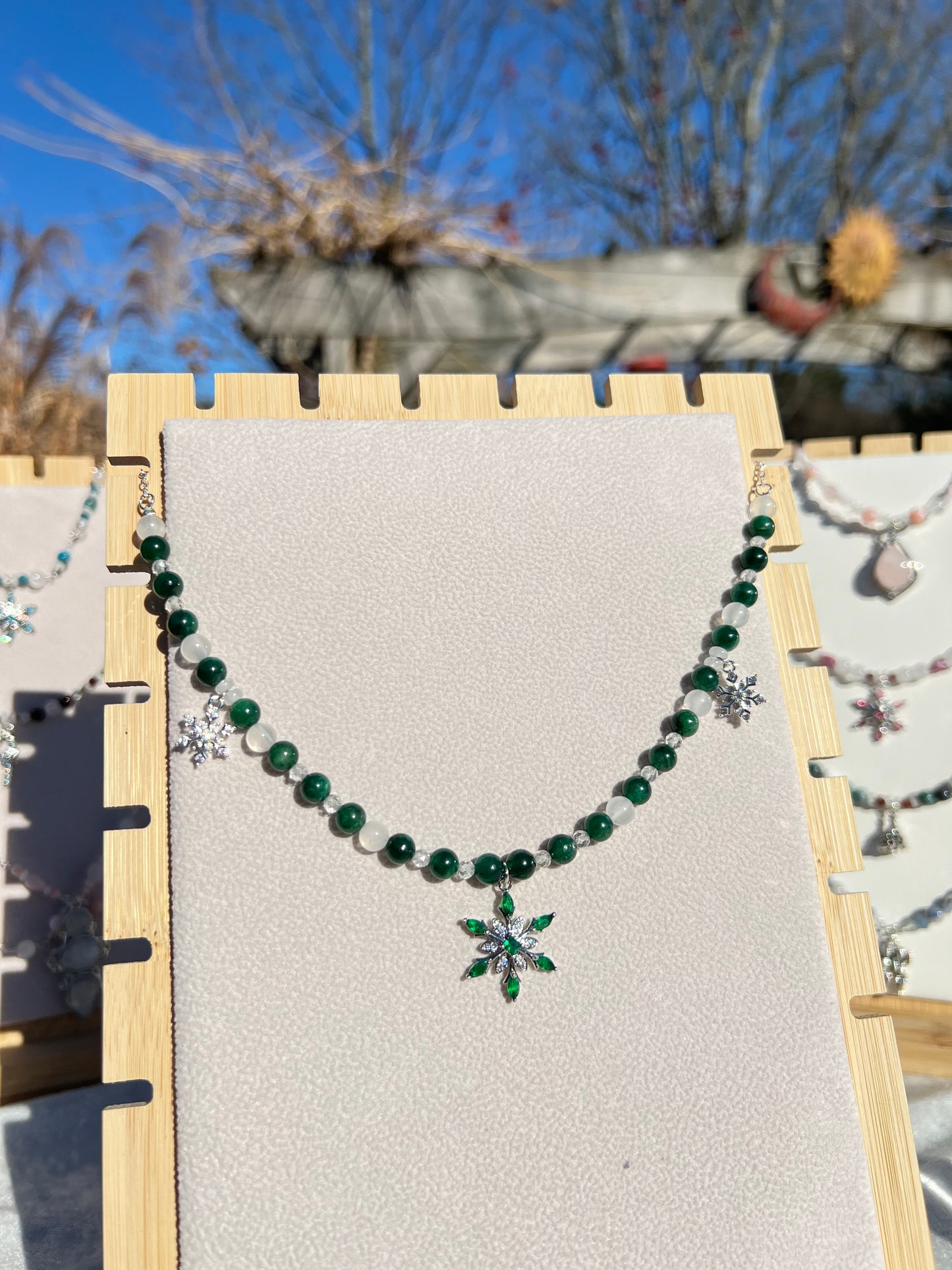 Green Muscovite & Selenite & Topaz & White Jade festive necklace